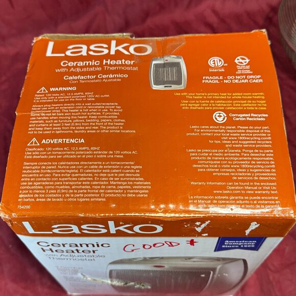 Lasko 9" 1500W Ceramic Space Heater w/Adjustable Thermostat Silver 754200 - Picture 4 of 9